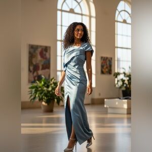 Elegant Dusty Blue Satin Evening Dress Size 6